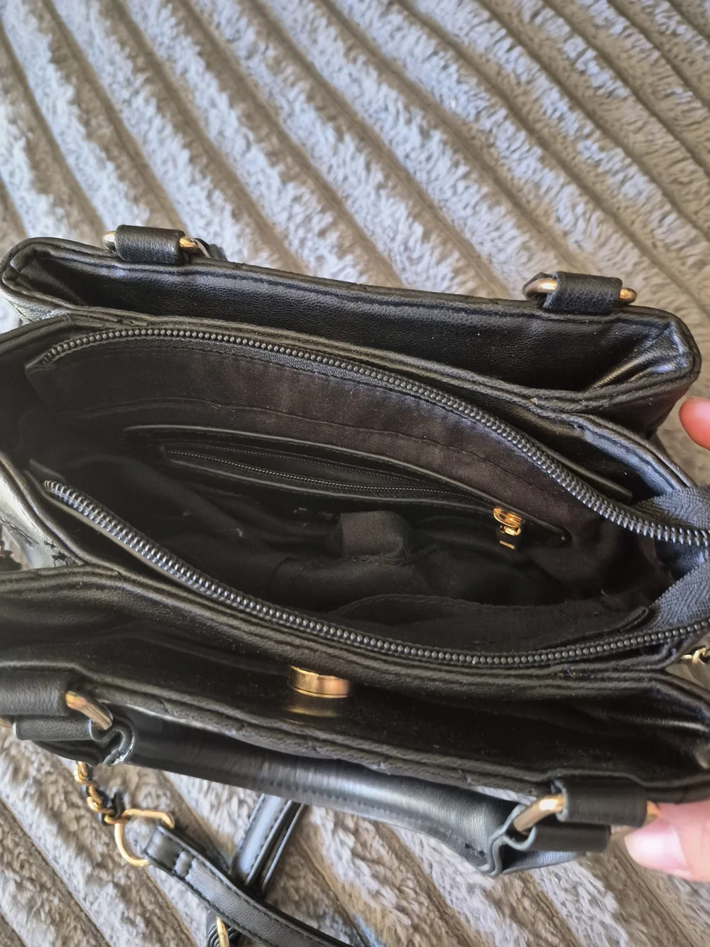 Bebe Black Quilted Satchel Handbag with Gold Accent